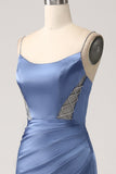 Mermaid Grey Blue Satin Spaghetti Straps Long Ball Dress