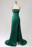 Dark Green Mermaid Spaghetti Straps Satin Ball Dress with Pleated