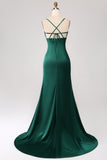 Dark Green Mermaid Spaghetti Straps Satin Ball Dress with Pleated