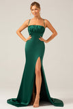 Dark Green Mermaid Spaghetti Straps Satin Long Bridesmaid Dress with Pleats