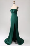 Dark Green Mermaid Spaghetti Straps Satin Ball Dress with Pleated