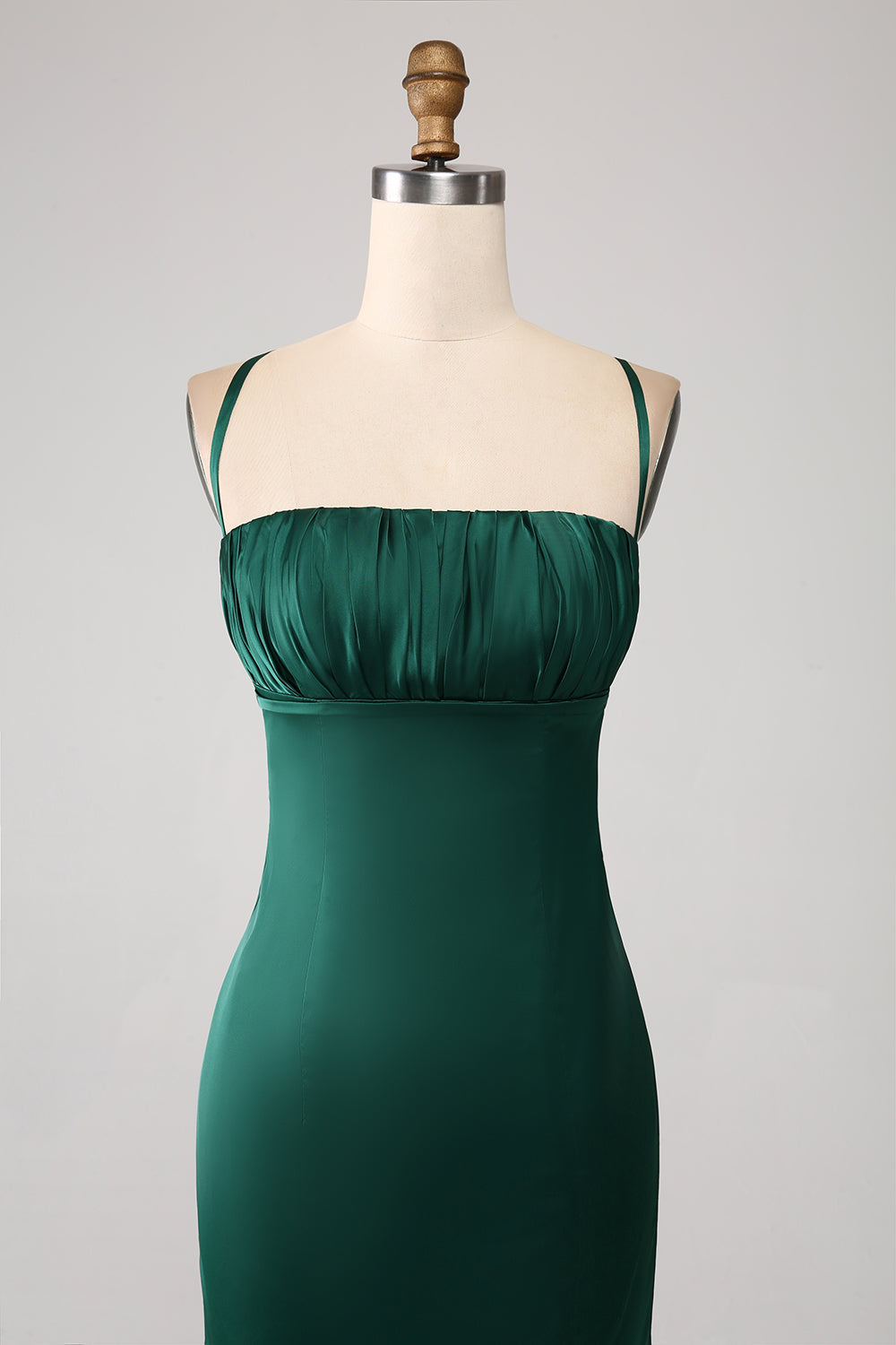 Dark Green Mermaid Spaghetti Straps Satin Ball Dress with Pleated