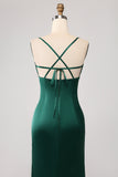 Dark Green Mermaid Spaghetti Straps Satin Ball Dress with Pleated