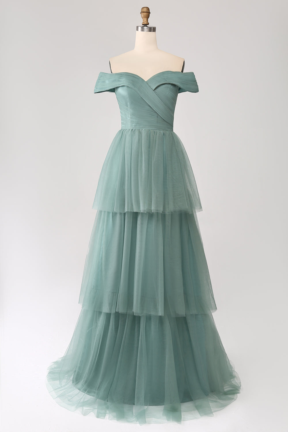 Grey Green A Line Off the Shoulder Tiered Tulle A Line Ball Dress
