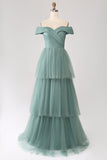 Grey Green A Line Off the Shoulder Tiered Tulle A Line Ball Dress