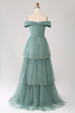 Grey Green A Line Off the Shoulder Tiered Tulle A Line Ball Dress