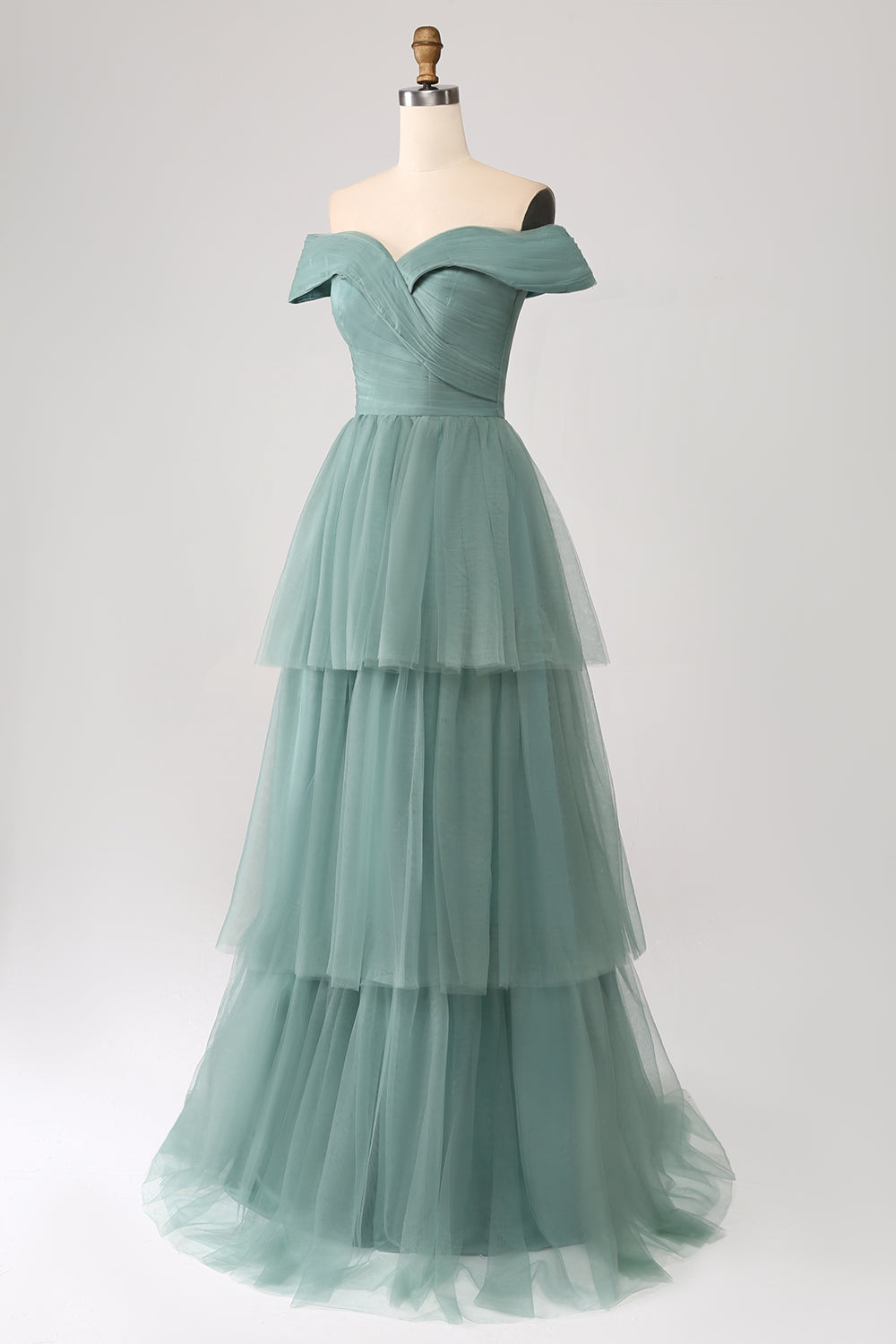 Grey Green A Line Off the Shoulder Tiered Tulle A Line Ball Dress