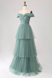 Grey Green A Line Off the Shoulder Tiered Tulle A Line Ball Dress