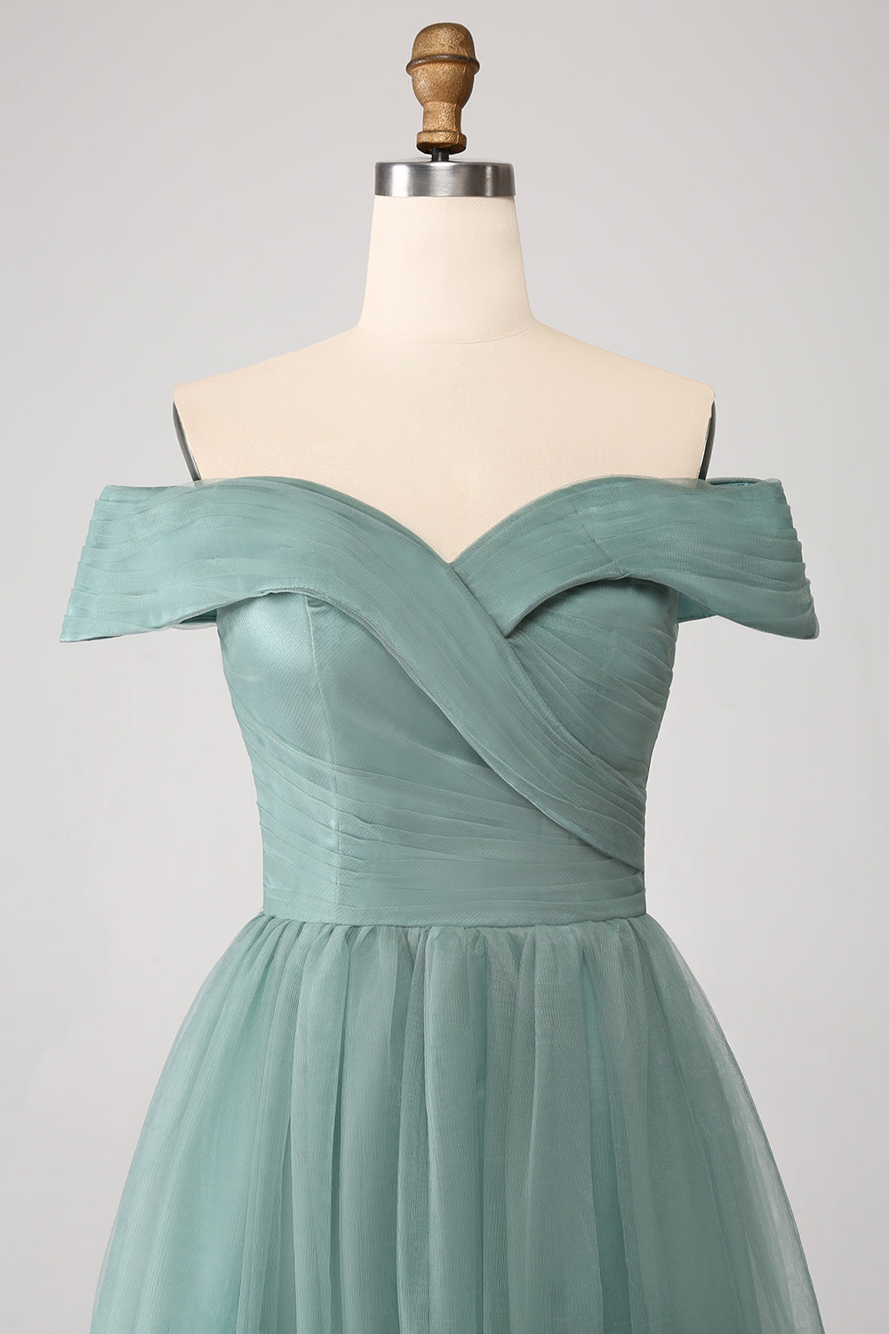 Grey Green A Line Off the Shoulder Tiered Tulle A Line Ball Dress