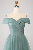 Grey Green A Line Off the Shoulder Tiered Tulle A Line Ball Dress