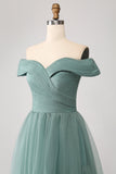 Grey Green A Line Off the Shoulder Tiered Tulle A Line Ball Dress