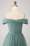 Grey Green A Line Off the Shoulder Tiered Tulle A Line Ball Dress
