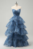 Grey Blue A-Line Embroidery Strapless Tiered Long Ball Dress