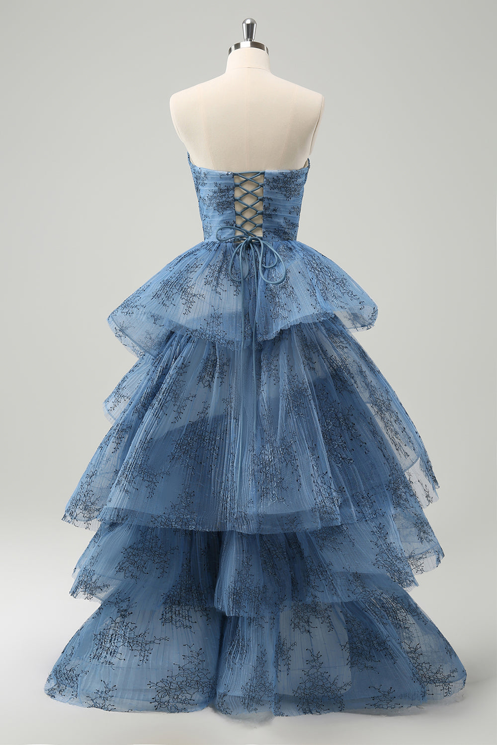 Grey Blue A-Line Embroidery Strapless Tiered Long Ball Dress