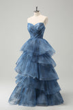 Grey Blue A-Line Embroidery Strapless Tiered Long Ball Dress