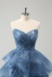 Grey Blue A-Line Embroidery Strapless Tiered Long Ball Dress