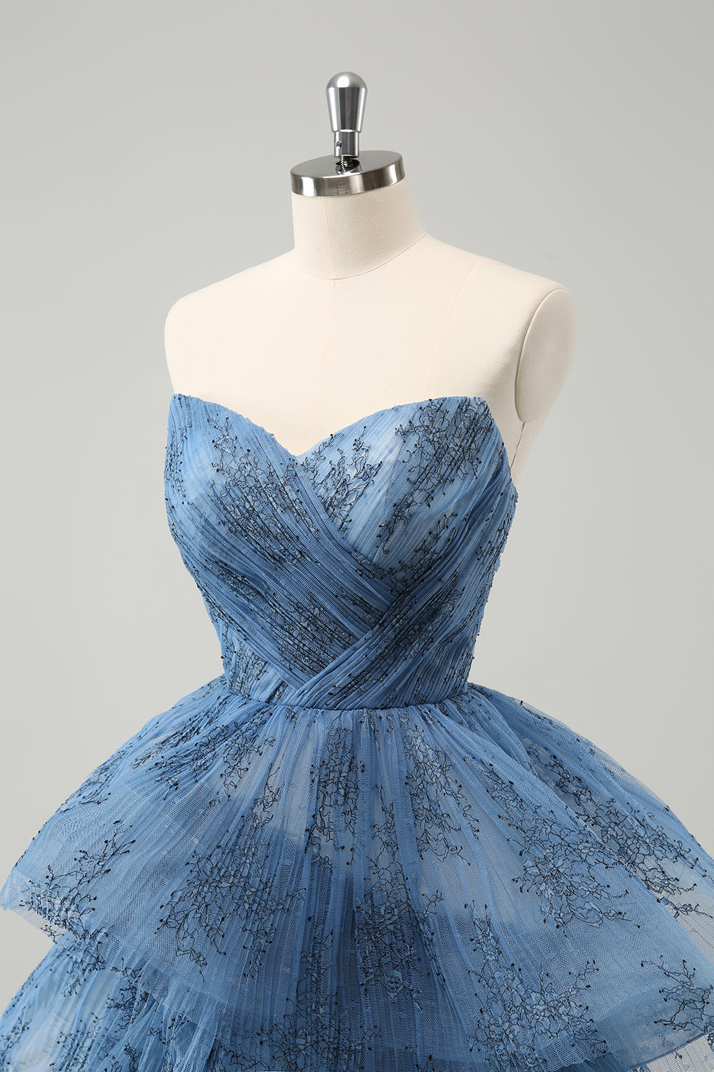 Grey Blue A-Line Embroidery Strapless Tiered Long Ball Dress