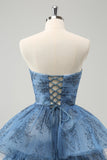 Grey Blue A-Line Embroidery Strapless Tiered Long Ball Dress