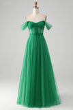 Dark Green A Line Off The Shoulder Corset Long Ball Dress