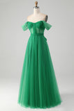 Dark Green A Line Off The Shoulder Corset Long Ball Dress