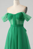 Dark Green A Line Off The Shoulder Corset Long Ball Dress