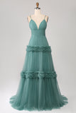 Green A Line Spaghetti Straps Tulle Long Ball Dress with Ruffles