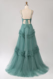 Green A Line Spaghetti Straps Tulle Long Ball Dress with Ruffles