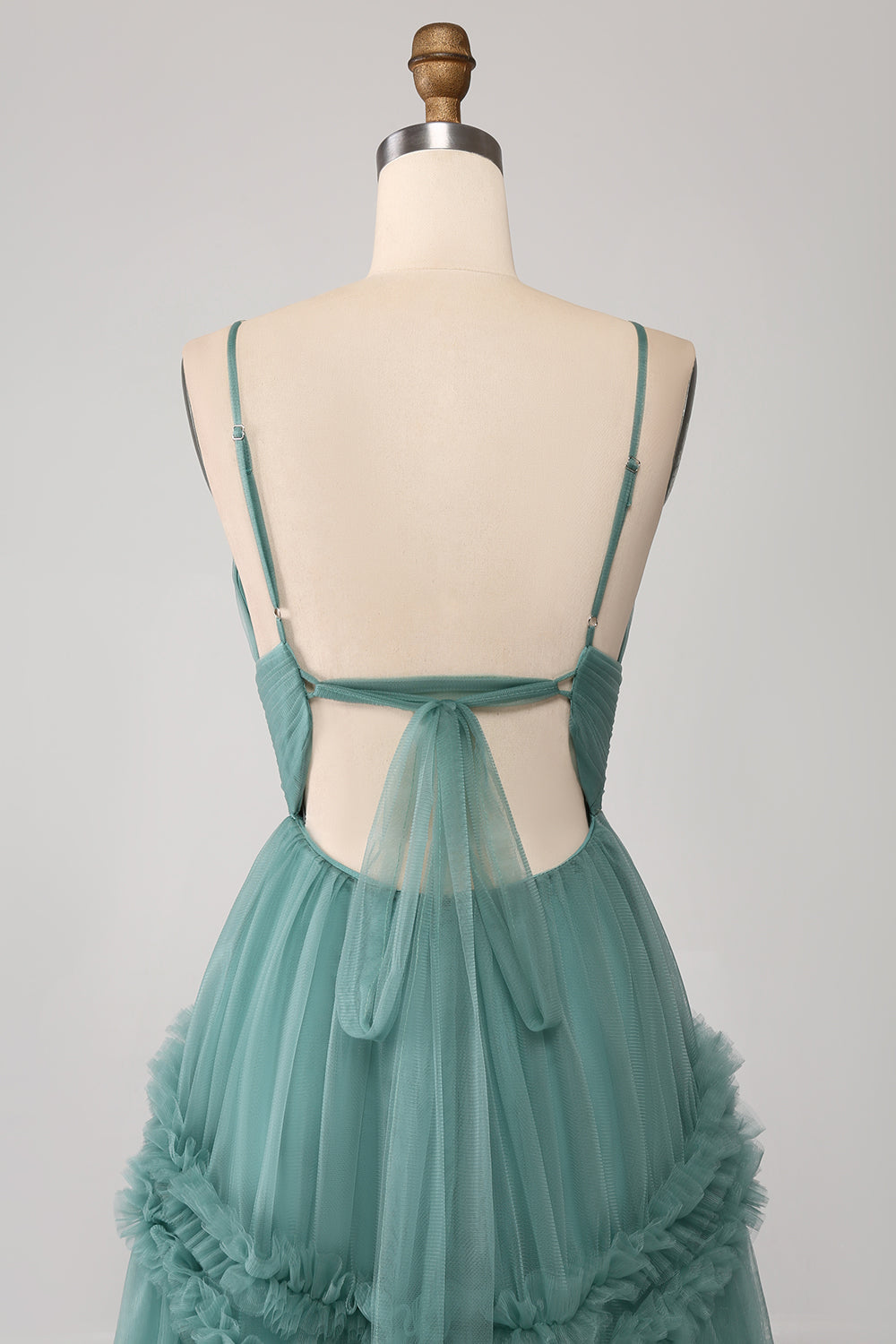 Green A Line Spaghetti Straps Tulle Long Ball Dress with Ruffles