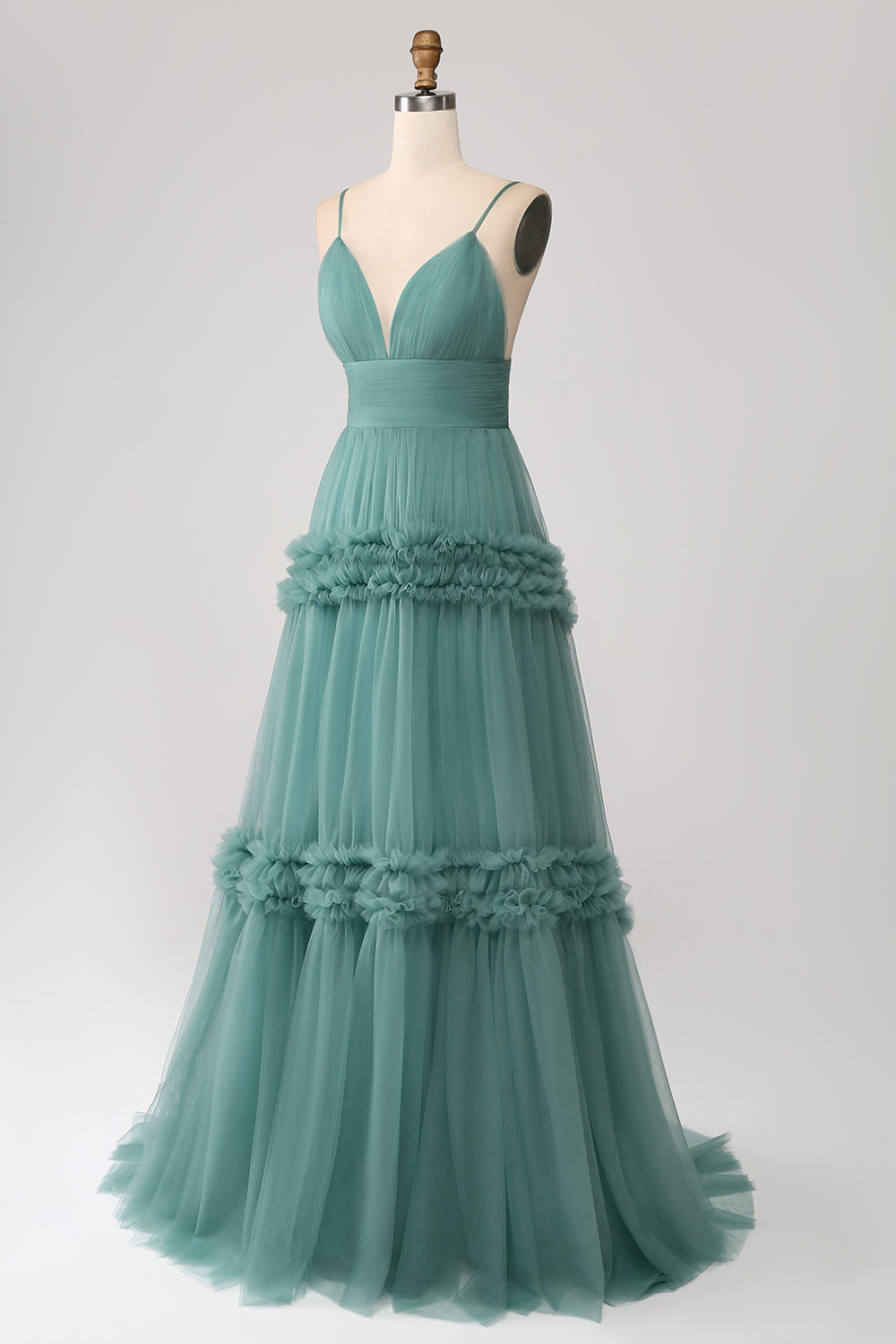 Green A Line Spaghetti Straps Tulle Long Ball Dress with Ruffles