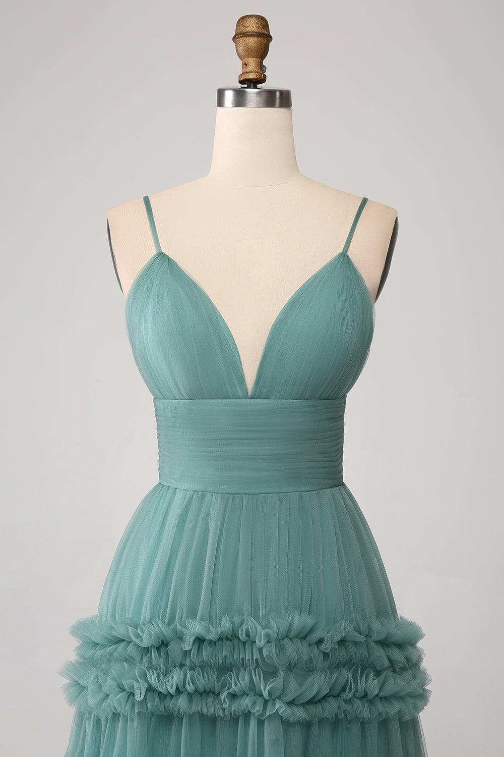 Green A Line Spaghetti Straps Tulle Long Ball Dress with Ruffles