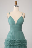 Green A Line Spaghetti Straps Tulle Long Ball Dress with Ruffles