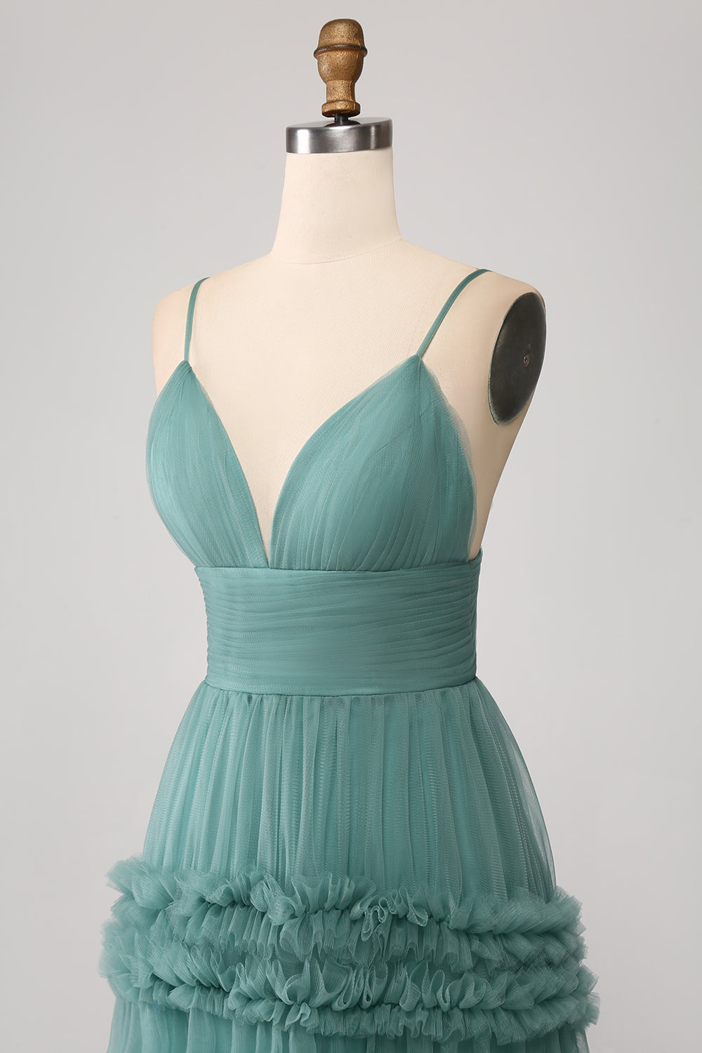 Green A Line Spaghetti Straps Tulle Long Ball Dress with Ruffles