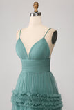 Green A Line Spaghetti Straps Tulle Long Ball Dress with Ruffles