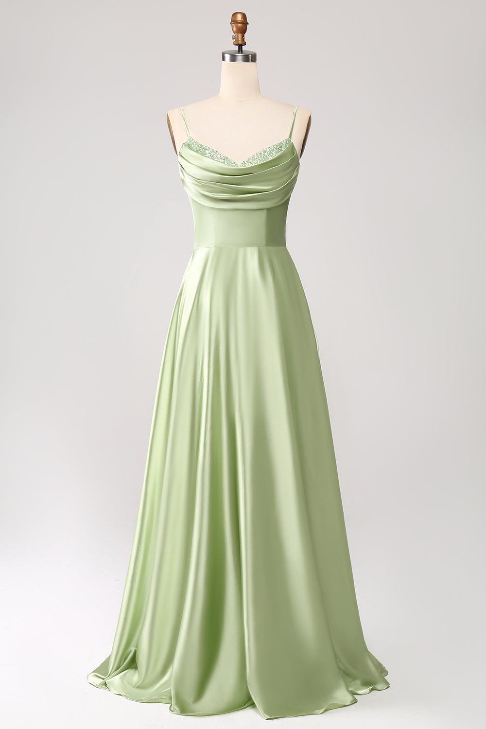 Dusty Sage A Line Cowl Neck Satin Long Ball Dress with Pleated