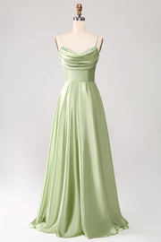Dusty Sage A Line Cowl Neck Satin Long Ball Dress with Pleated