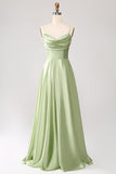 Dusty Sage A Line Cowl Neck Satin Long Ball Dress with Pleated