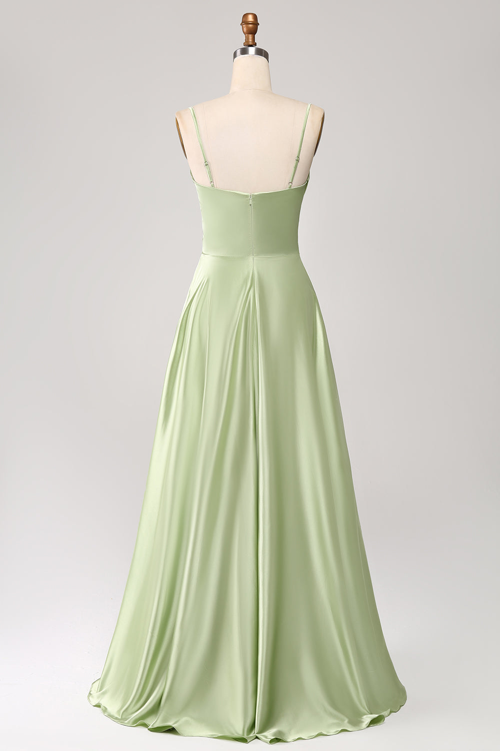 Dusty Sage A Line Cowl Neck Satin Long Ball Dress with Pleated