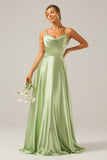 Dusty Sage A Line Cowl Neck Satin Long Bridesmaid Dress with Pleats