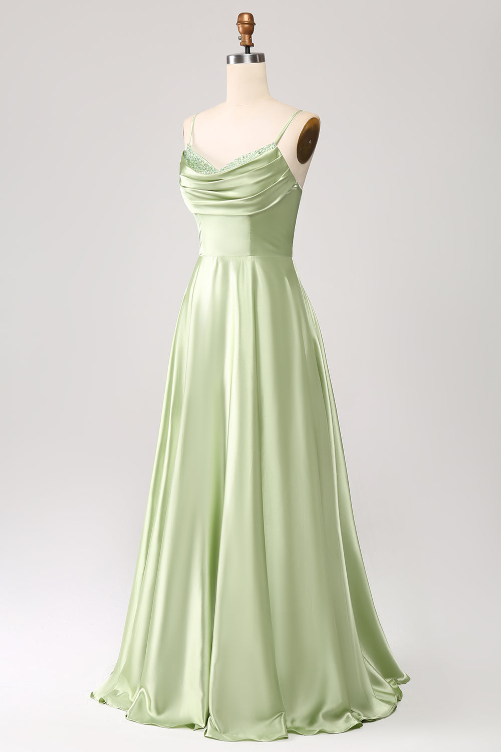 Dusty Sage A Line Cowl Neck Satin Long Ball Dress with Pleated