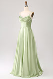 Dusty Sage A Line Cowl Neck Satin Long Ball Dress with Pleated