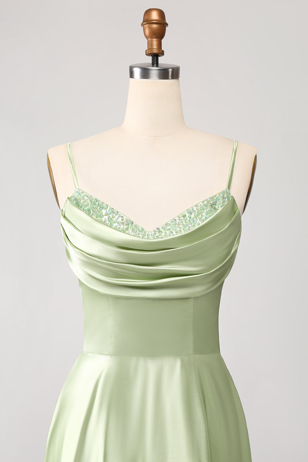 Dusty Sage A Line Cowl Neck Satin Long Ball Dress with Pleated