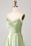 Dusty Sage A Line Cowl Neck Satin Long Ball Dress with Pleated