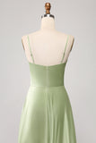 Dusty Sage A Line Cowl Neck Satin Long Ball Dress with Pleated