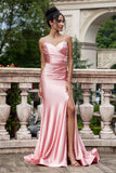 Blush Mermaid Spaghetti Straps Satin Long Ball Dress with Slit