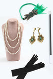 Sparkly Dark Green Flowers Sequins Long 1920s Dress with Accessories Set