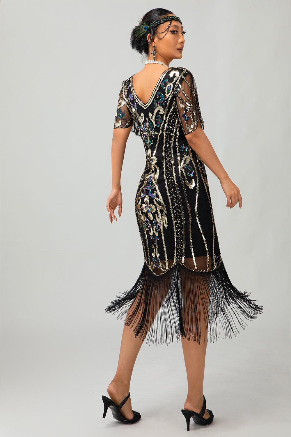 Sparkly V-Neck Black Golden Fringed Bodycon 1920s Dress With 5-Piece Accessories Set