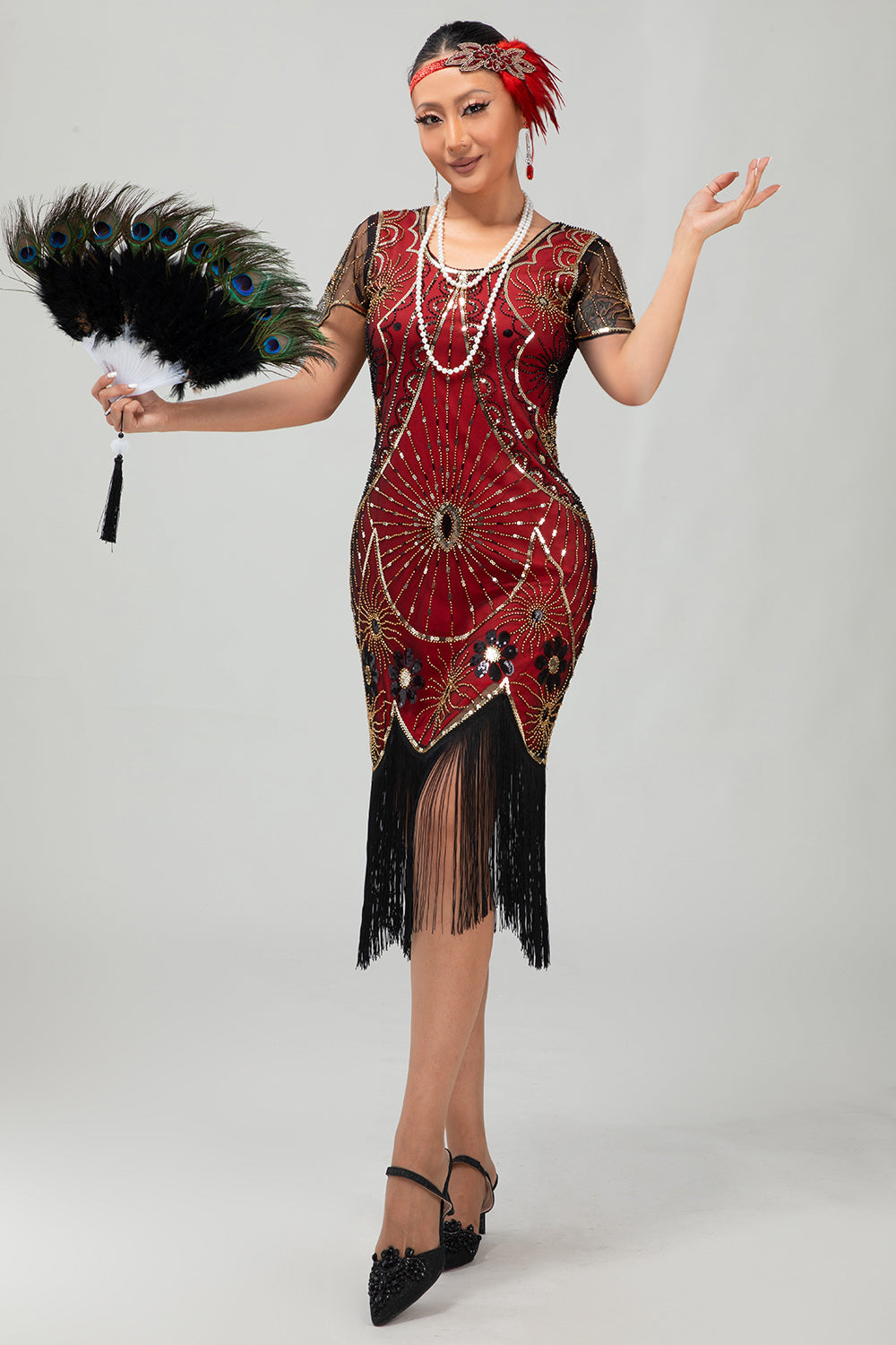 Sequin Fringed Scoop Neck Black Red 1920s Dress with 5 Piece Accessory Set