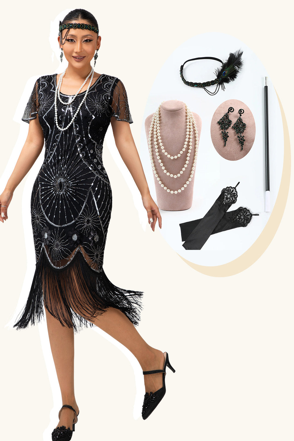 Black Silver Fringed Sequins 1920s Dress with 20s Accessories Set