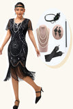 Black Silver Fringed Sequins 1920s Dress with 20s Accessories Set