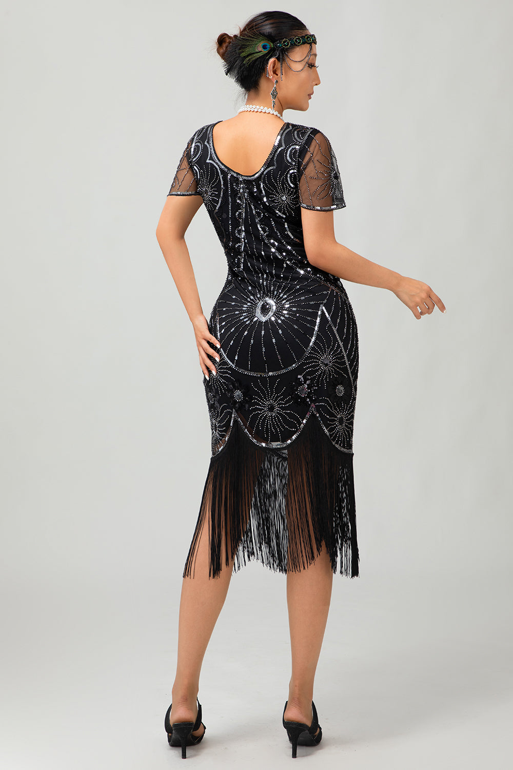 Black Silver Fringed Sequins 1920s Dress with 20s Accessories Set